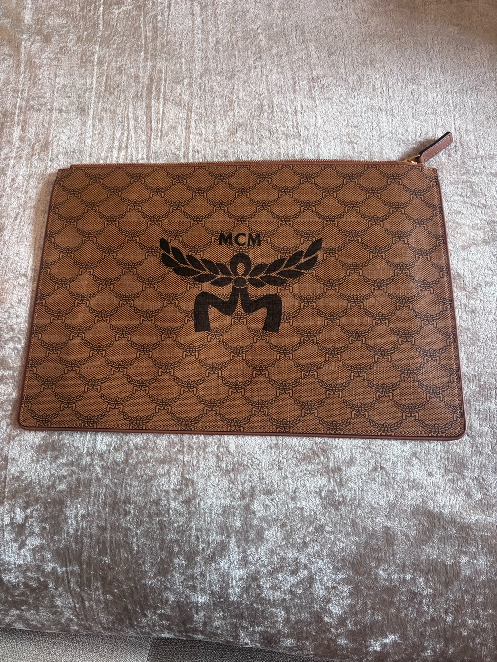 MCM Cognac Logo-Print Leather Zip Pouch